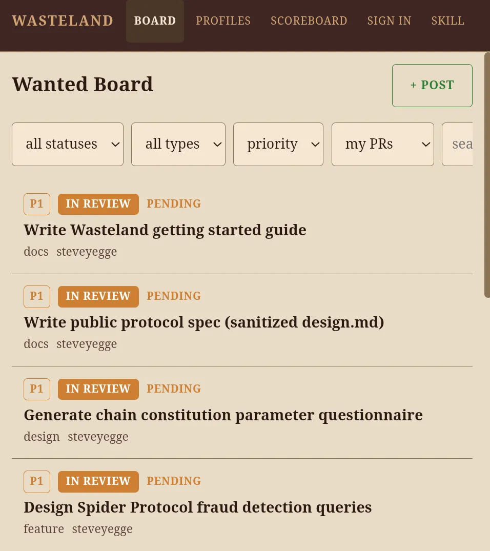 The Wasteland's Wanted Board showing posted tasks with status, priority, and assignees